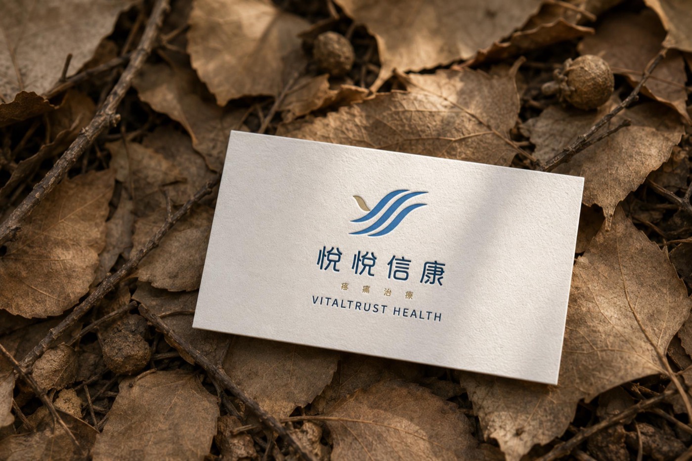 白色名片放在落葉上，中文品牌名底下排著字級較小的英文 VITALTRUST HEALTH