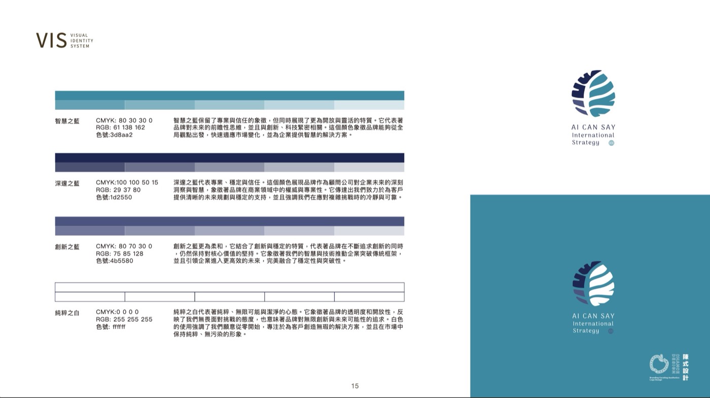 品牌規範書的色彩頁，每一個品牌色都列出 CMYK、RGB 與色號