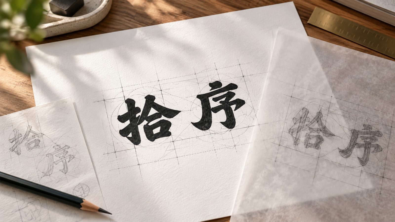 白紙上的拾序兩個毛筆感標準字，旁邊疊著描圖紙草稿與一支鉛筆