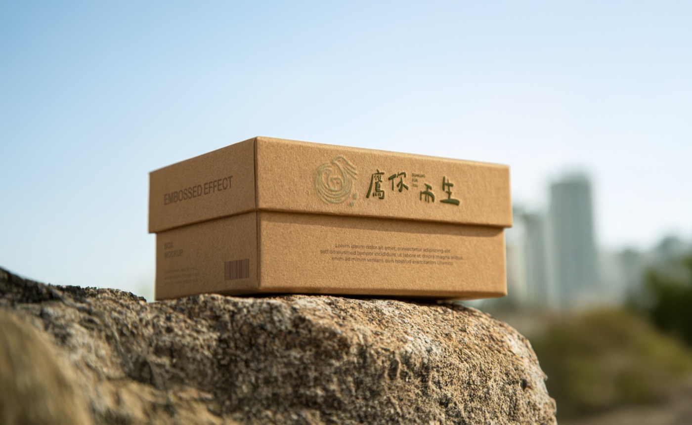 牛皮紙包裝盒放在戶外的岩石上，盒面印著標誌與品牌名