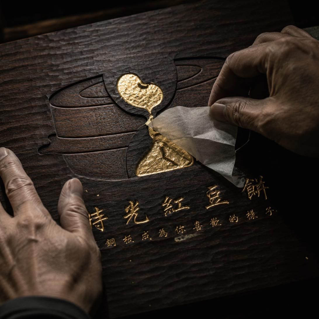 雙手在深色木雕招牌上貼金箔,紅豆與時鐘部分閃著金色