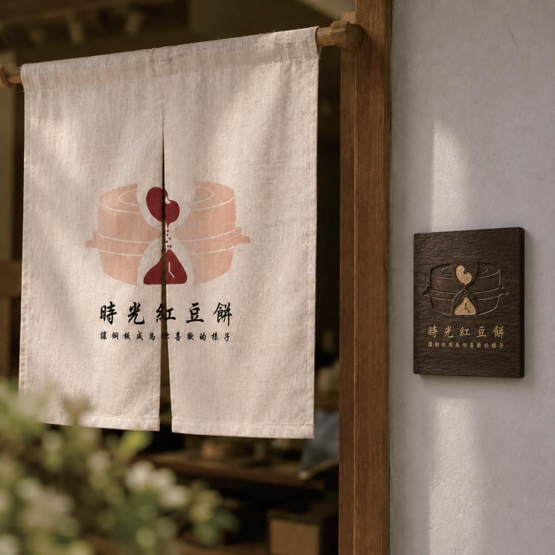 店門口米白色麻布門簾印著時光紅豆餅 logo,旁邊牆上掛著木牌