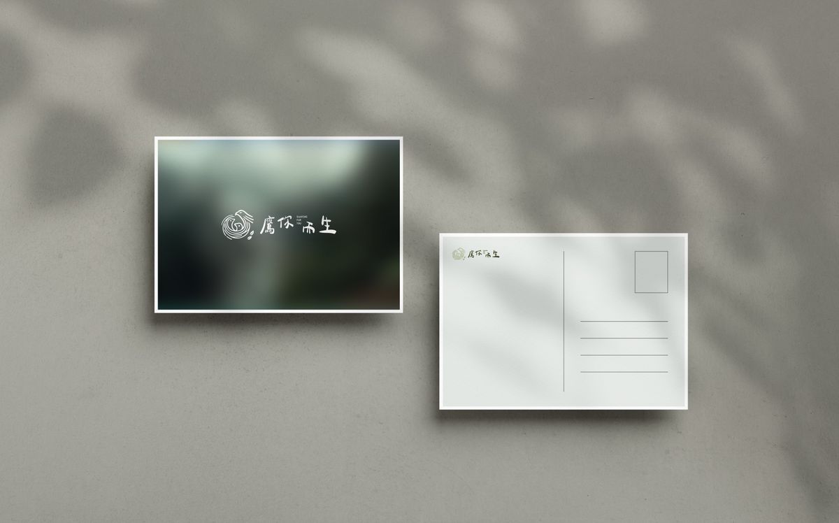 墨綠霧面明信片正面與白色背面並排，印著鷹你而生 Logo
