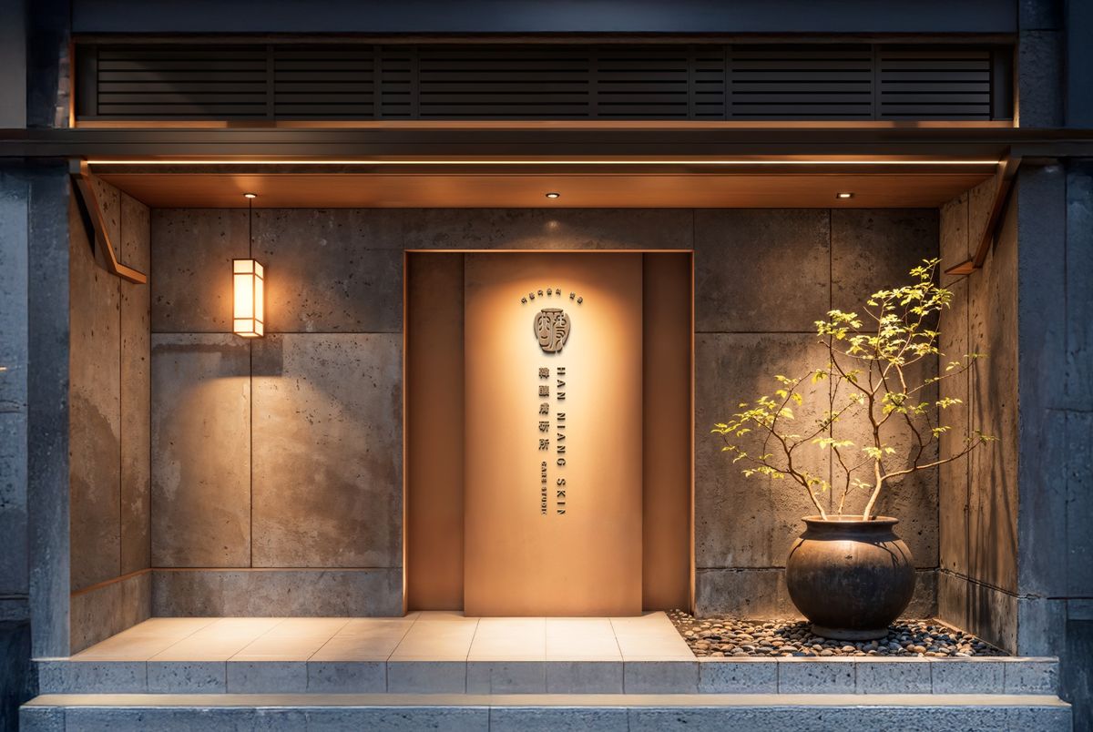 韓釀膚研所甕形 Logo 與直式標準字,立在暖光照亮的木色門板上