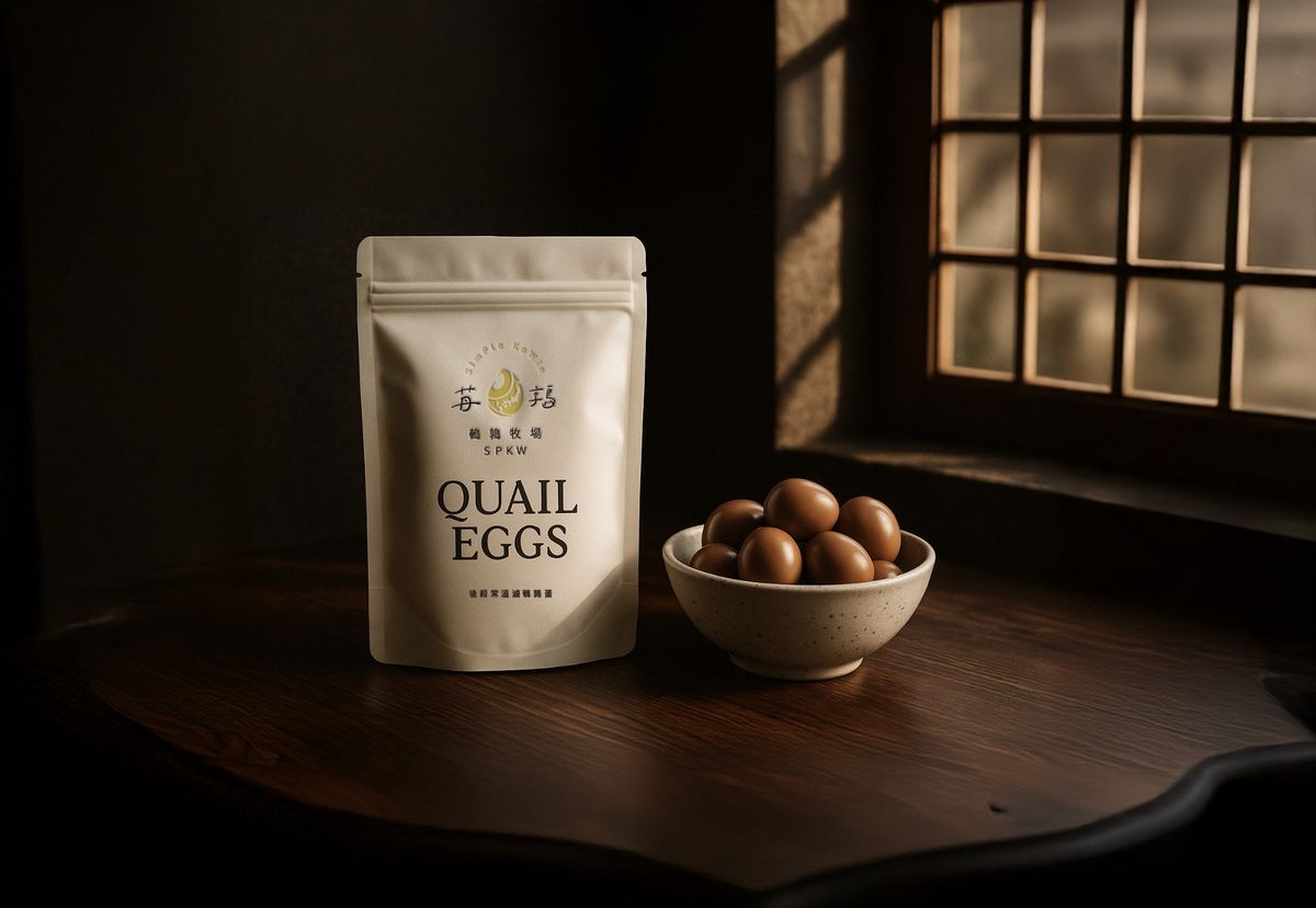 米白夾鏈袋印著䒟鶉標誌與 QUAIL EGGS,旁邊一碗鵪鶉蛋
