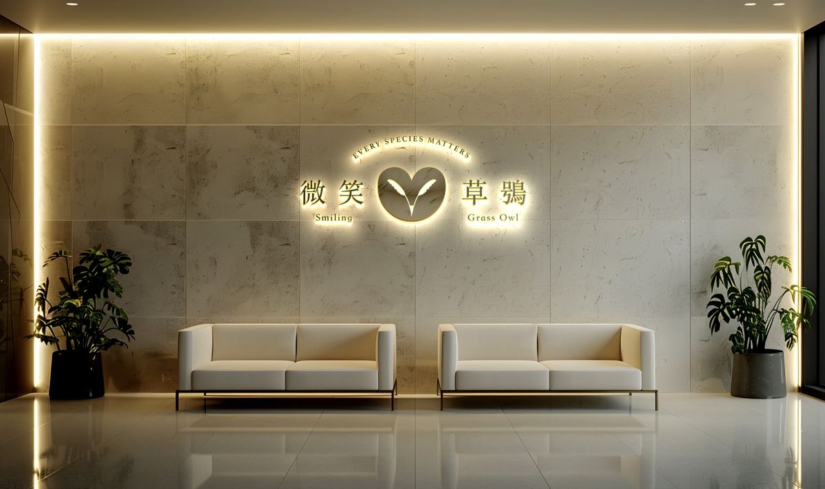 大廳石牆上的背光微笑草鴞 Logo 牆，下方擺著兩張沙發