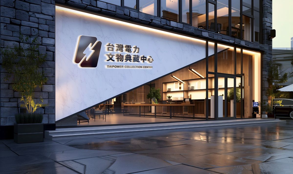 石牆建築入口旁的白色牆面上，立體的台灣電力文物典藏中心 logo 與中英文字標