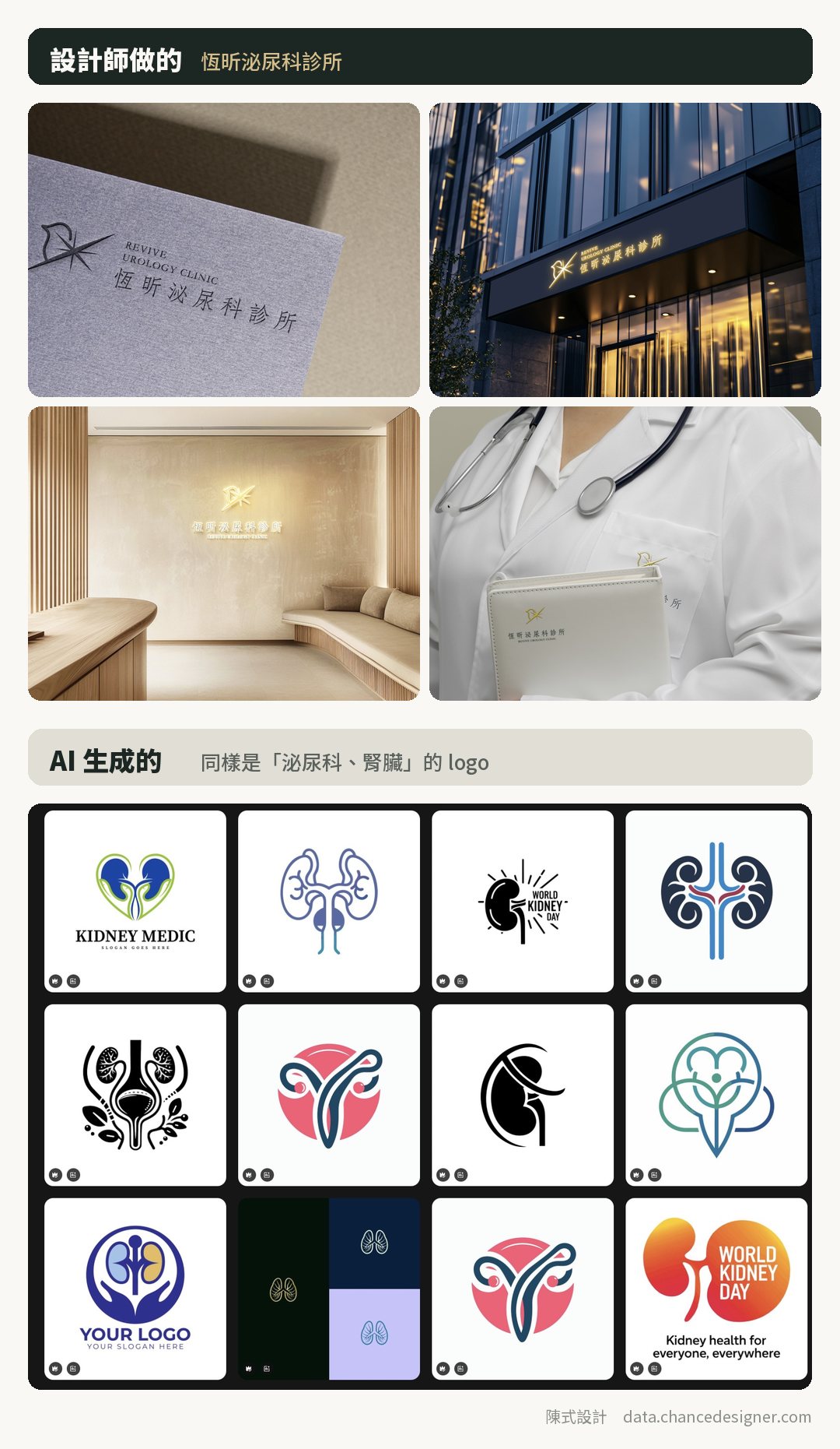 上半部是恆昕泌尿科的鳥與光 logo 用在紙上壓印、夜間大樓、診所大廳與醫師手上的禮盒；下半部是 12 張 AI 生成的泌尿科 logo，多是腎臟圖形