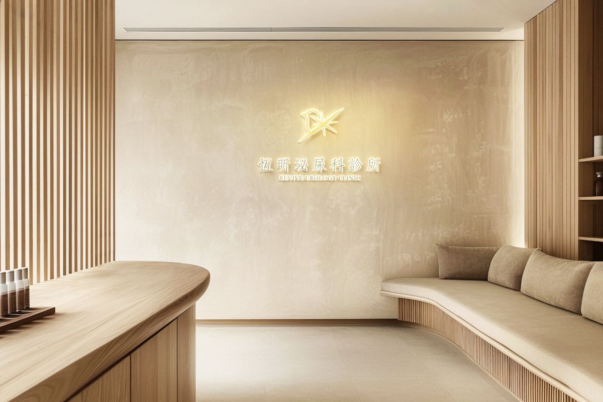 木質調候診區牆面上的暖光發光 Logo，旁邊是長沙發