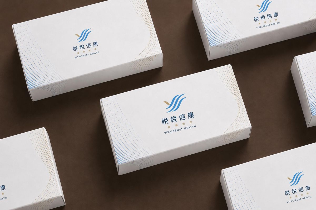 白色藥盒上印著悅悅信康 Logo 與藍金點狀流線