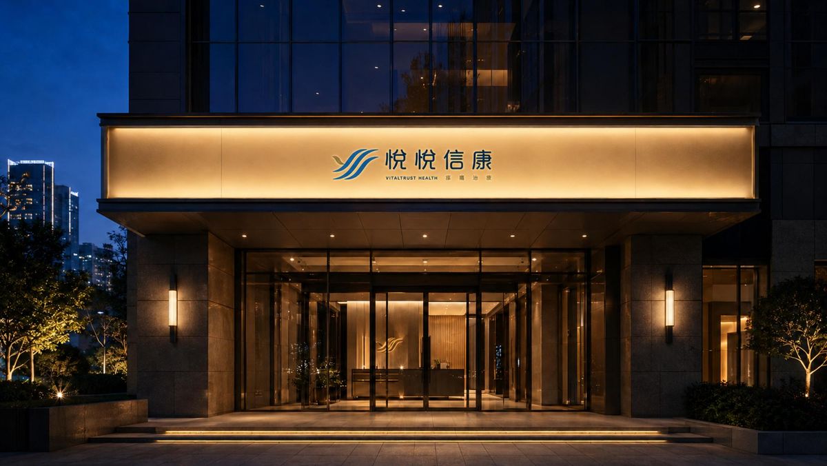 夜晚的悅悅信康門面，暖光燈箱招牌上是深藍 Logo 與字