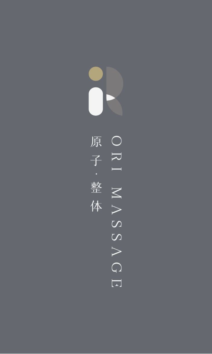 石墨灰底直式名片正面，米金圓點 Logo 與直排中英文名